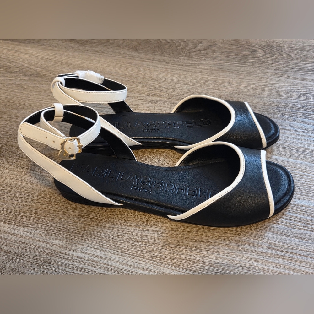 Karl Lagerfeld Black and White Ankle-Strap Open-Toe Sandals - Picture 2 of 5